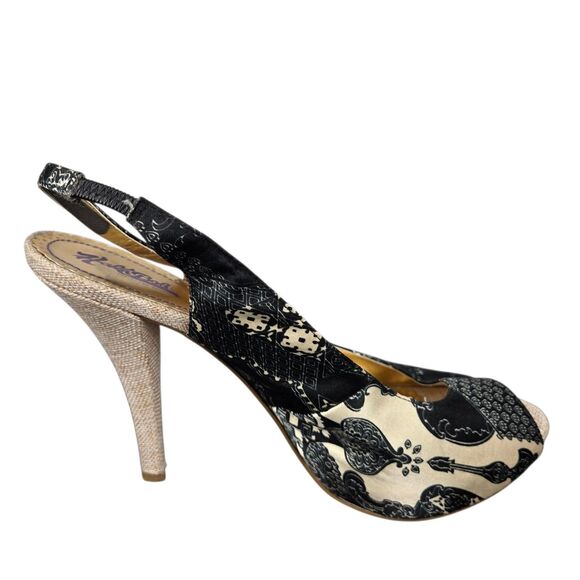 Hale Bob Tan Black Heels Sz 10 M Peep Toe Slingback Leather Outsole - Picture 7 of 16